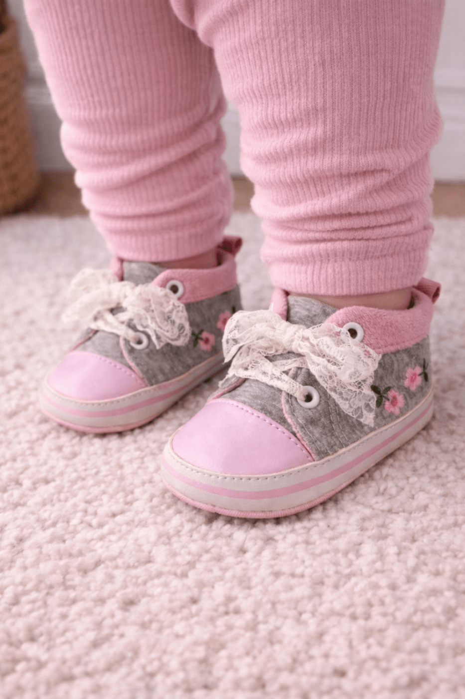 Παπουτσάκια αγκαλιάς γκρι με λουλουδάκια