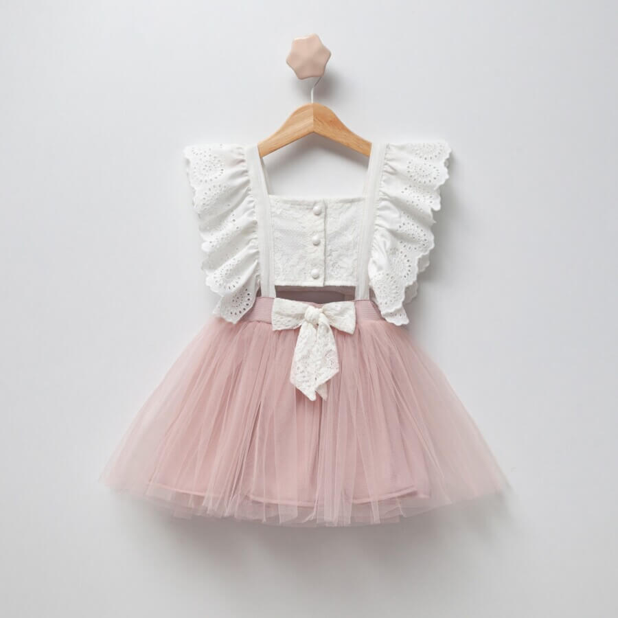 Rosalia dusty pink φόρεμα με λευκή δαντέλα και τούλι