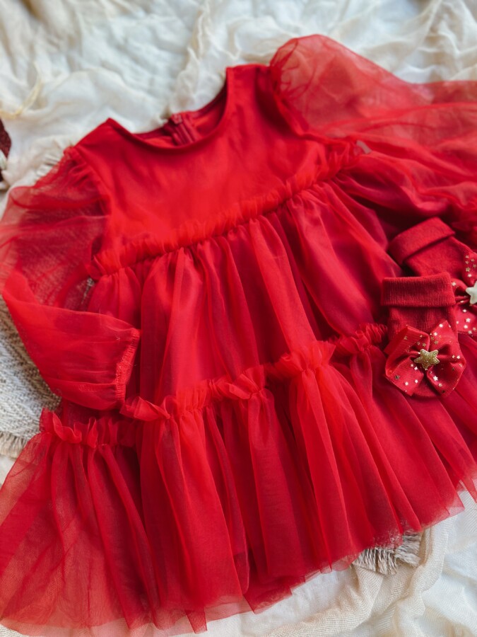 Κόκκινο τούλινο φόρεμα με βολάν