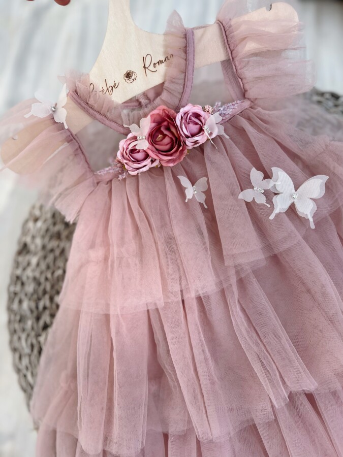 Layla dusty pink τούλινο φόρεμα με λουλούδια και πεταλούδες